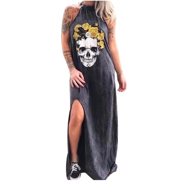 Skull & Roses Maxi Dress NEW Charcoal Gray - Picture 2 of 12